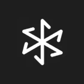 White angular star-like symbol with six arrow-shaped points on a black background.